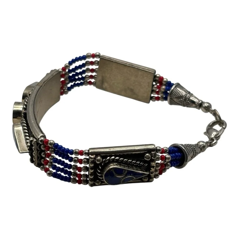 Silver Tone Bracelet Blue Inlay Multi Strand Seed Bead 7